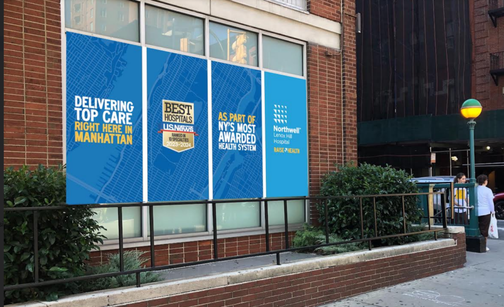 Window cling of Northwell Lenox Hill Hospital in Manhattan, featuring a Best Hospitals badge from U.S. News & World Report.