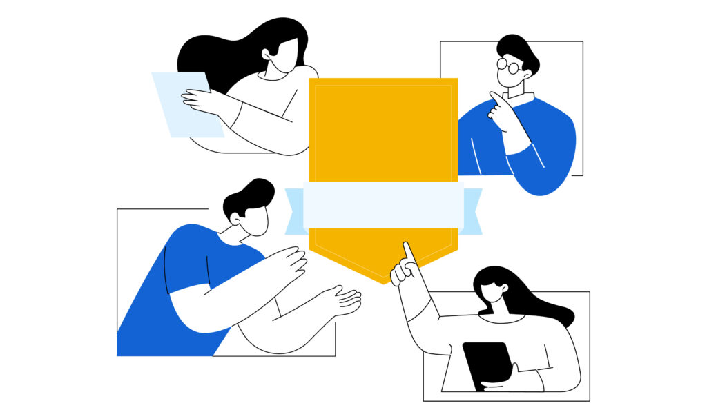 abstract art of people pointing to badge