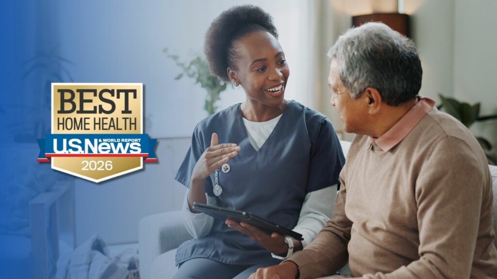 US News & World Report badge on a background image of a home health nurse talking to a patient